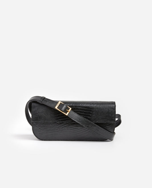 Lillie Shoulder Bag Leather Black Lizzard